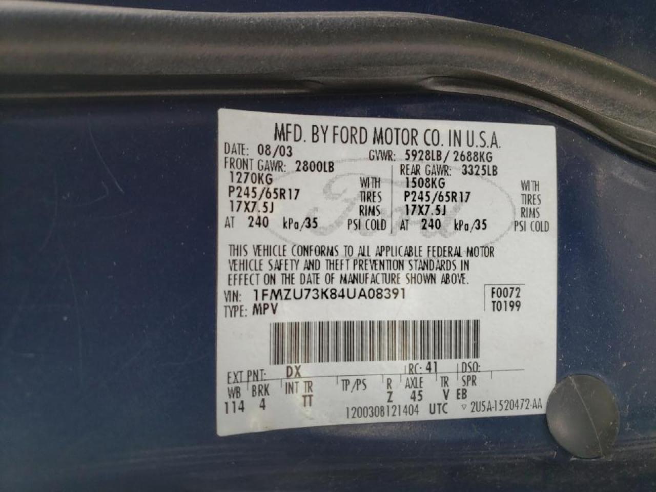 Photo 10 from auction – 2004 FORD EXP with VIN 1FMZU73K84UA08391