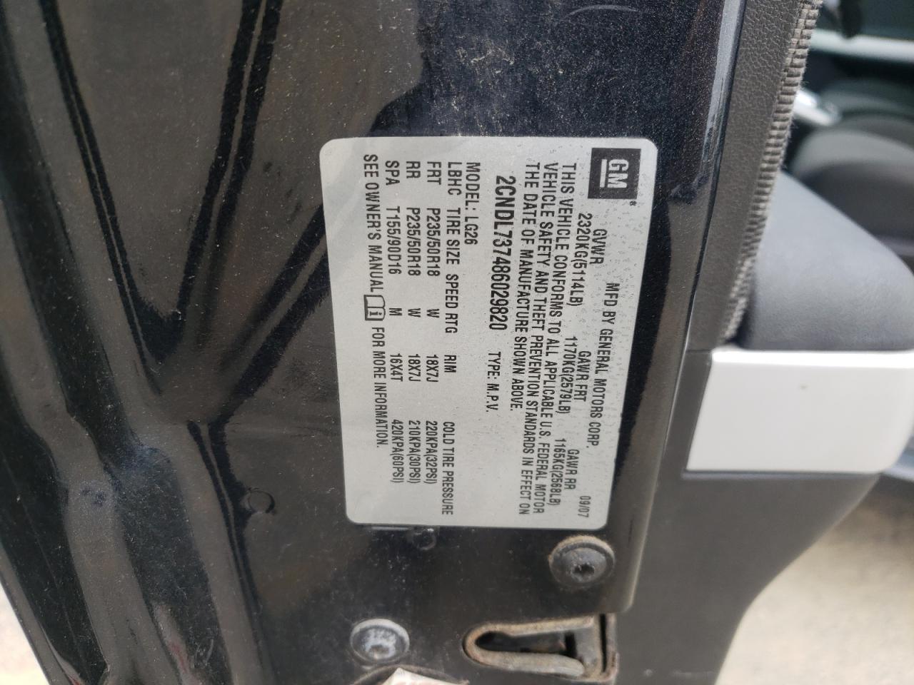 Photo 10 from auction – 2008 CHEVROLET EQUINOX SP with VIN 2CNDL737486029820