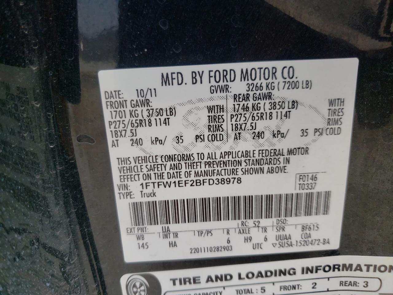 Photo 10 from auction – 2011 FORD F150 SUPER with VIN 1FTFW1EF2BFD38978