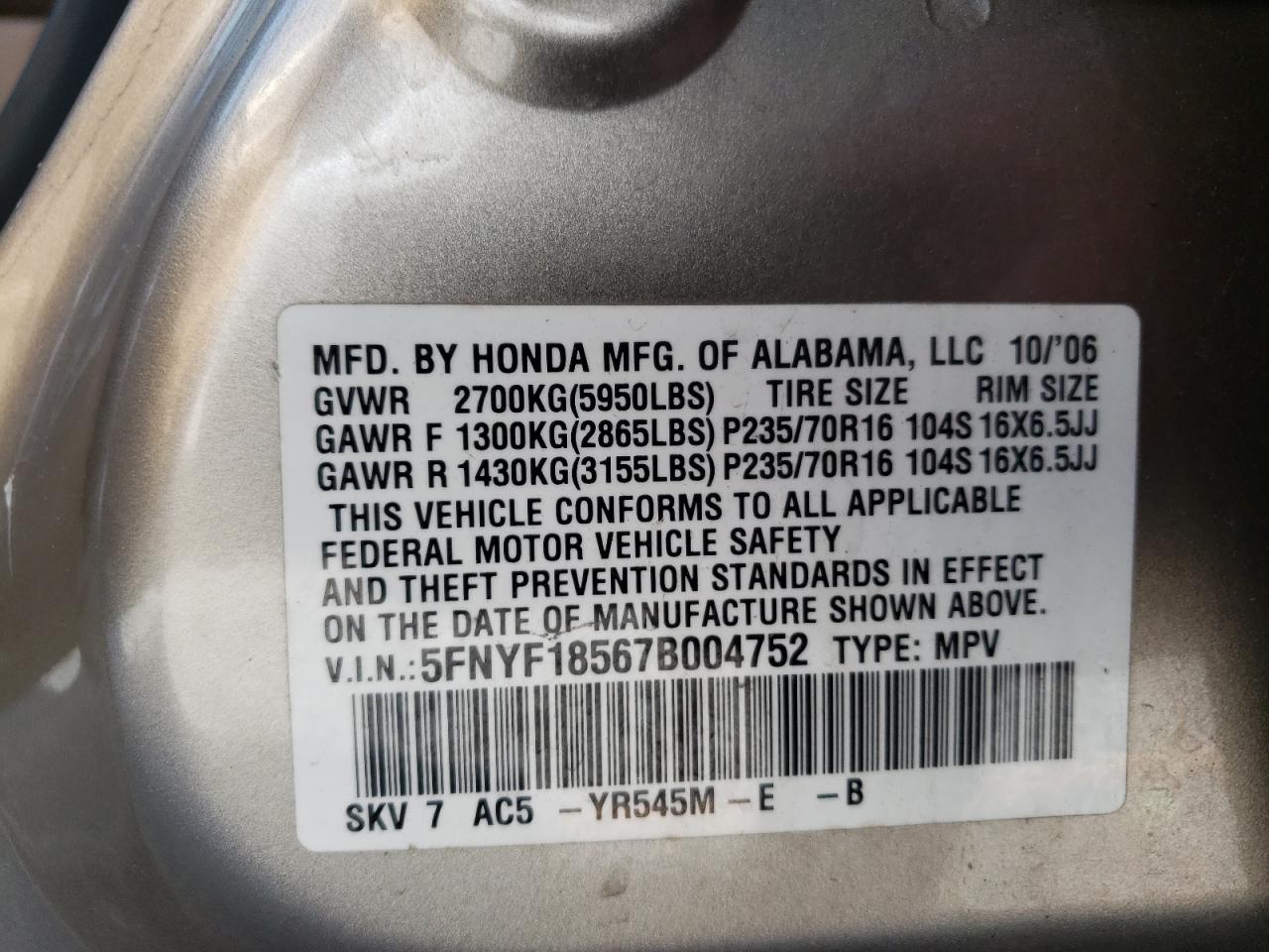 Photo 10 from auction – 2007 HONDA PILOT EXL with VIN 5FNYF18567B004752