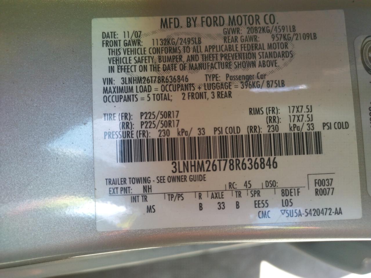 Photo 10 from auction – 2008 LINCOLN MKZ with VIN 3LNHM26T78R636846