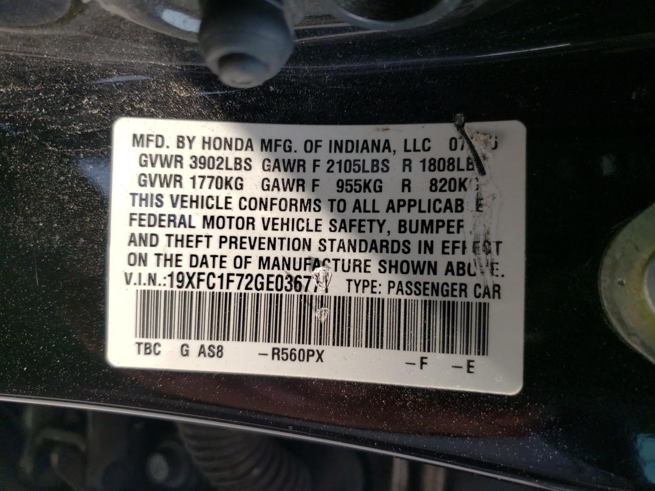 Photo 10 from auction – 2016 HONDA CIVIC EXL with VIN 19XFC1F72GE036771