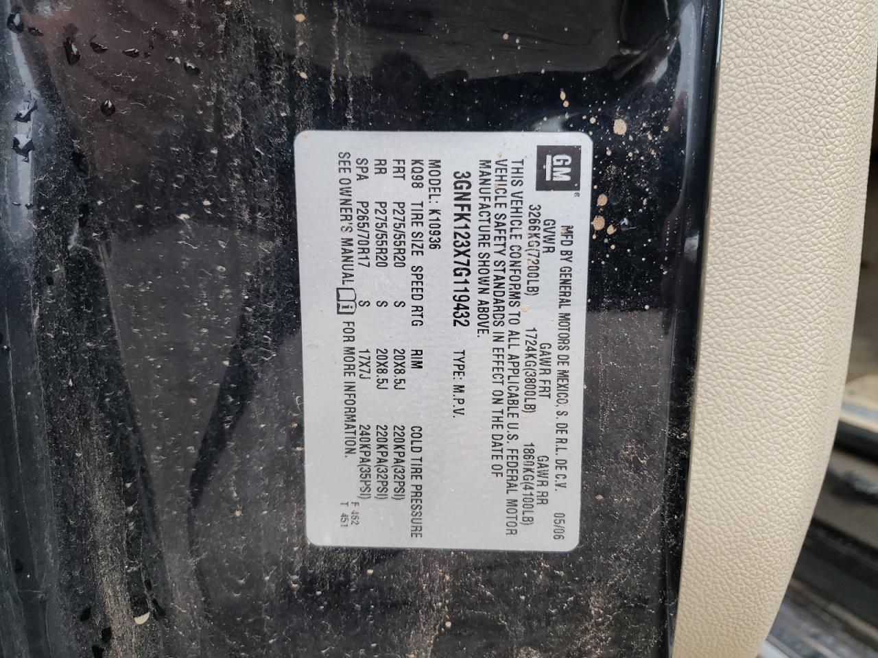 Photo 10 from auction – 2007 CHEVROLET AVALANCHE with VIN 3GNFK123X7G119432
