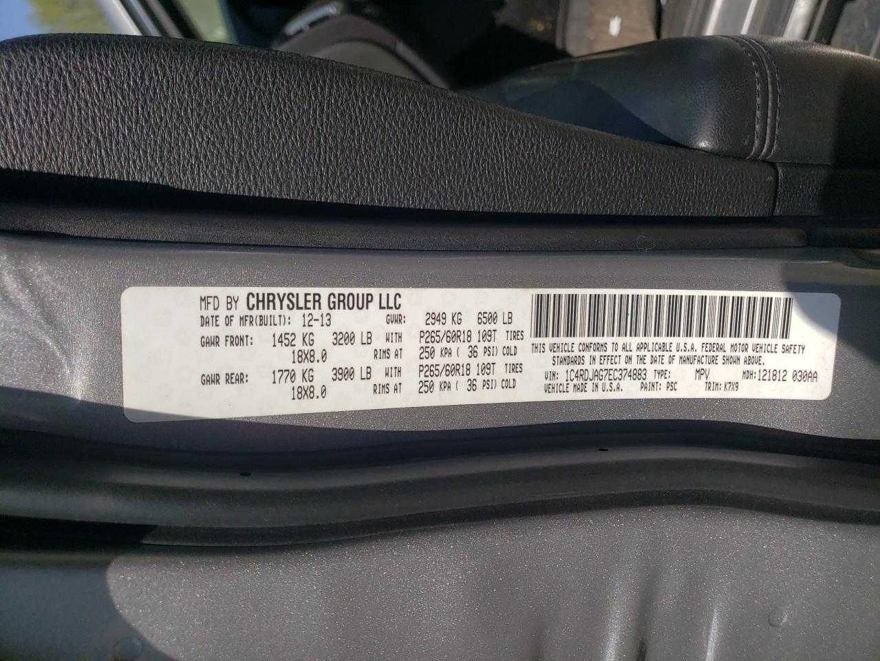Photo 10 from auction – 2014 DODGE DURANGO SX with VIN 1C4RDJAG7EC374883