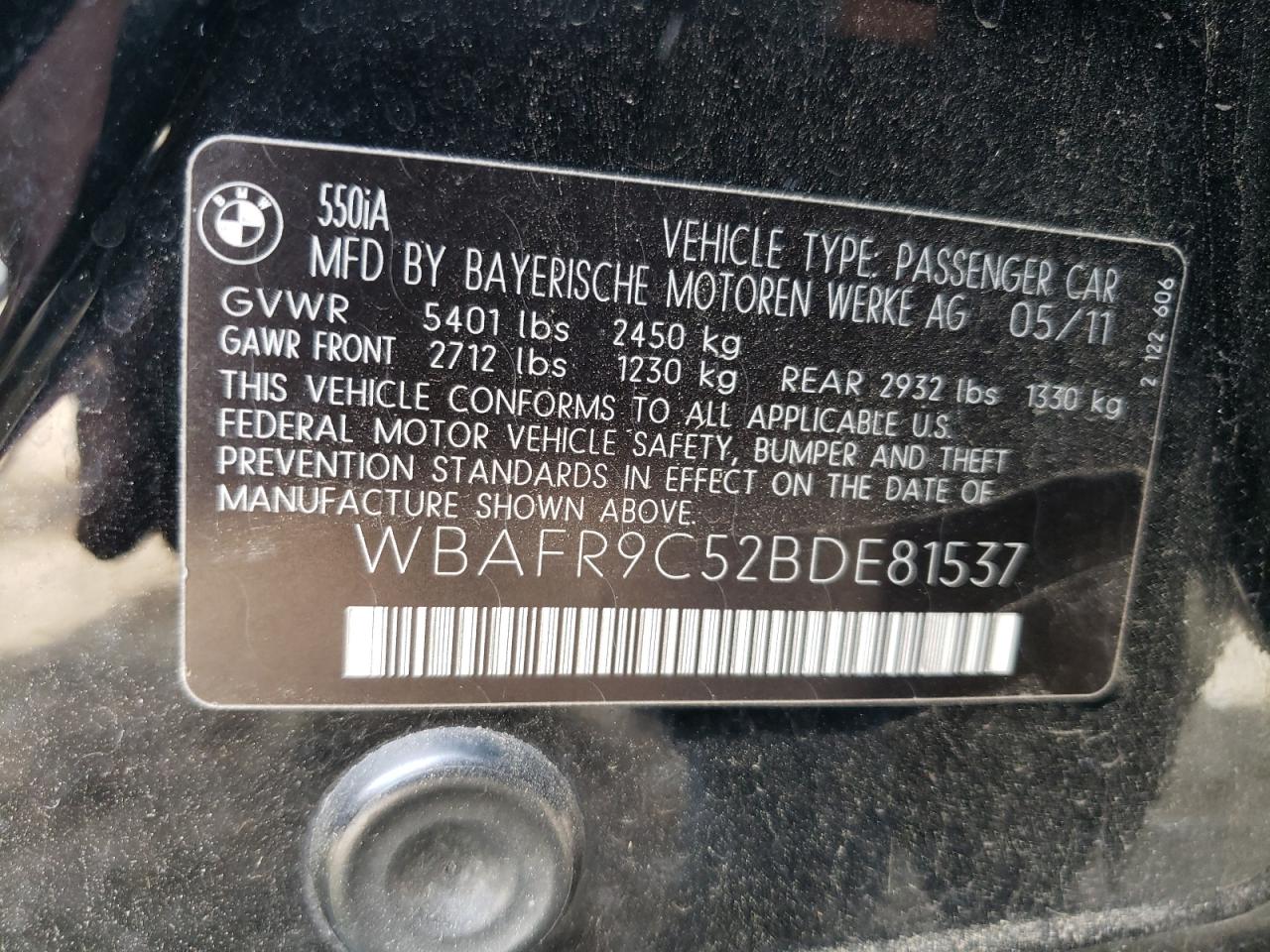 Photo 10 from auction – 2011 BMW 550 I with VIN WBAFR9C52BDE81537