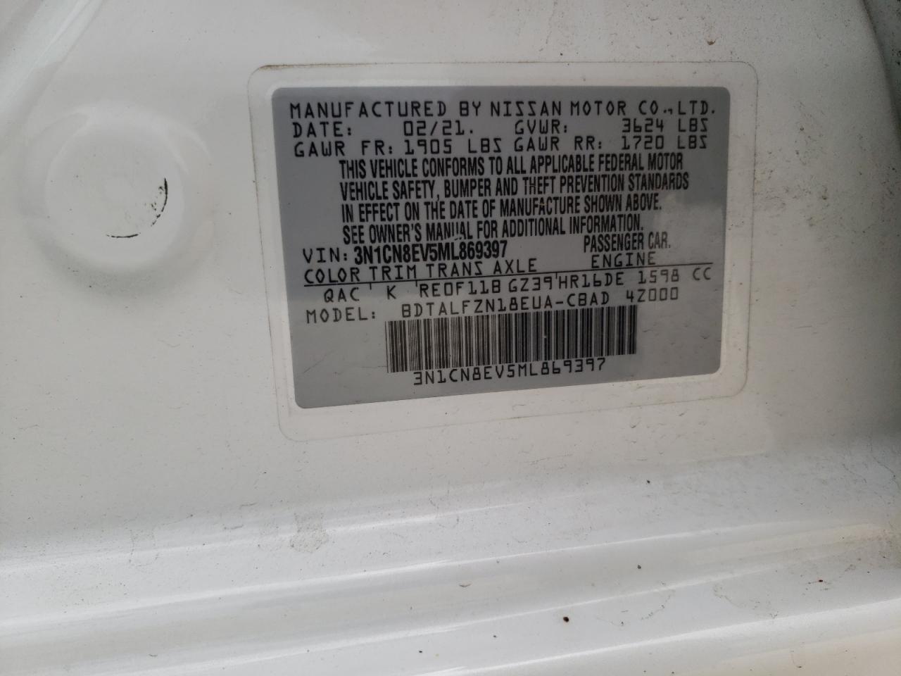 Photo 10 from auction – 2021 NISSAN VERSA SV with VIN 3N1CN8EV5ML869397