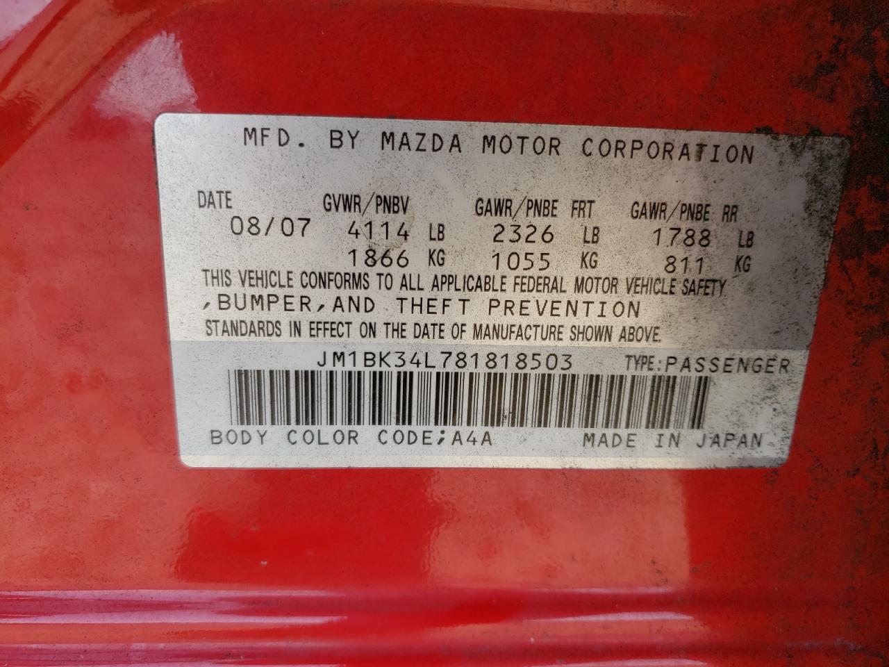 Photo 10 from auction – 2008 MAZDA SPEED 3 with VIN JM1BK34L781818503