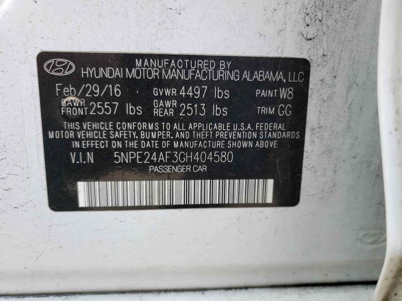 Photo 10 from auction – 2016 HYUNDAI SONATA SE with VIN 5NPE24AF3GH404580