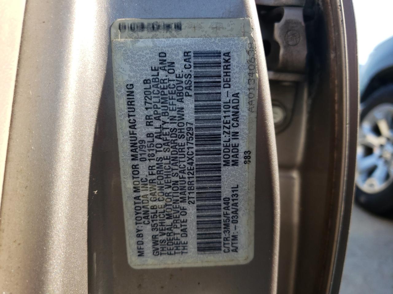 Photo 10 from auction – 1999 TOYOTA COROLLA VE with VIN 2T1BR12E4XC175297