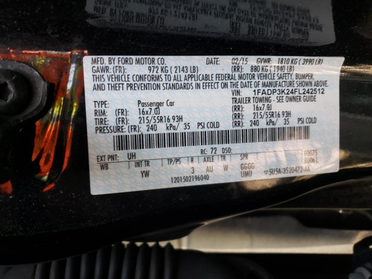 Photo 10 from auction – 2015 FORD FOCUS SE with VIN 1FADP3K24FL242512