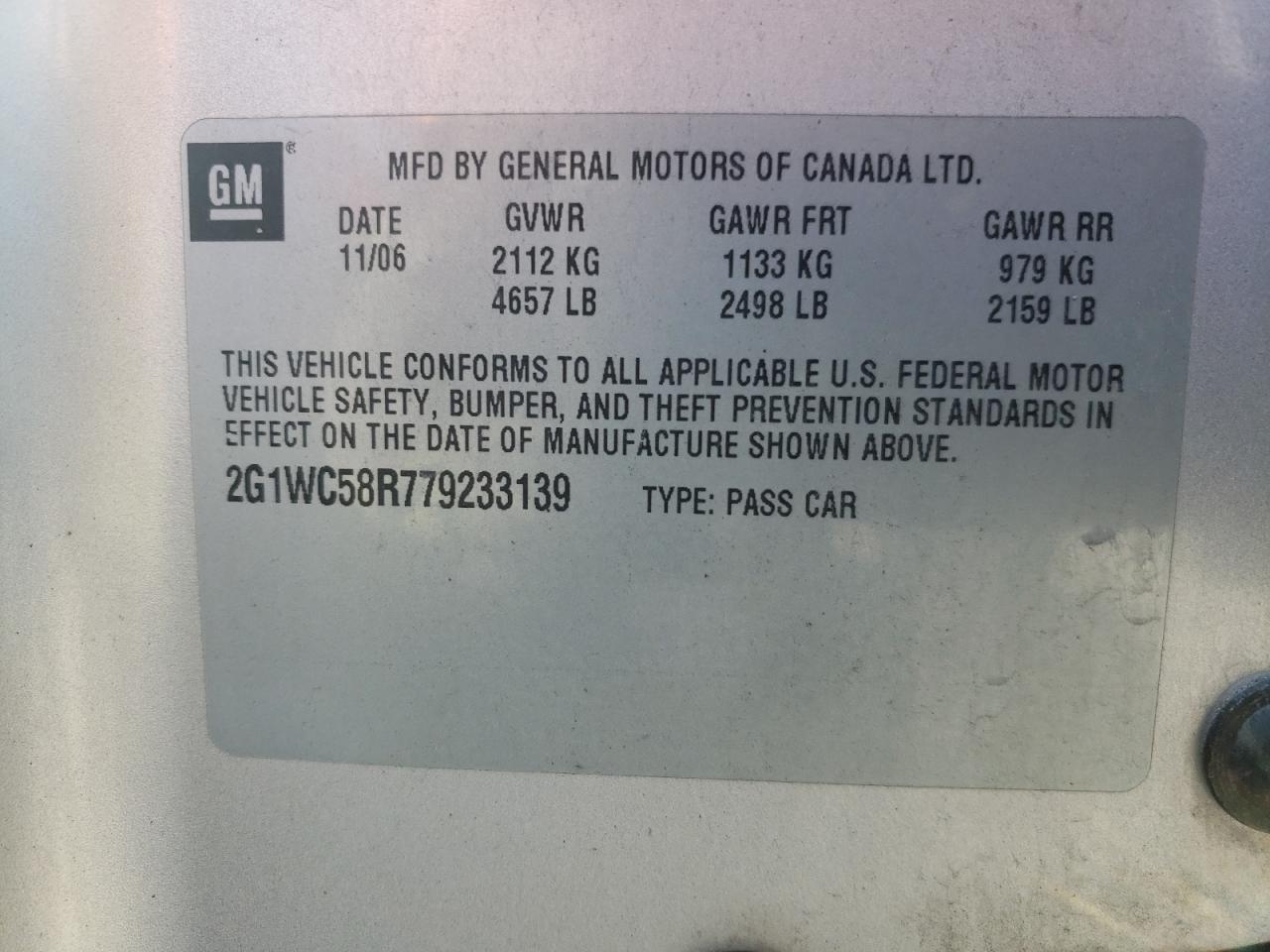 Photo 10 from auction – 2007 CHEVROLET IMPALA LT with VIN 2G1WC58R779233139