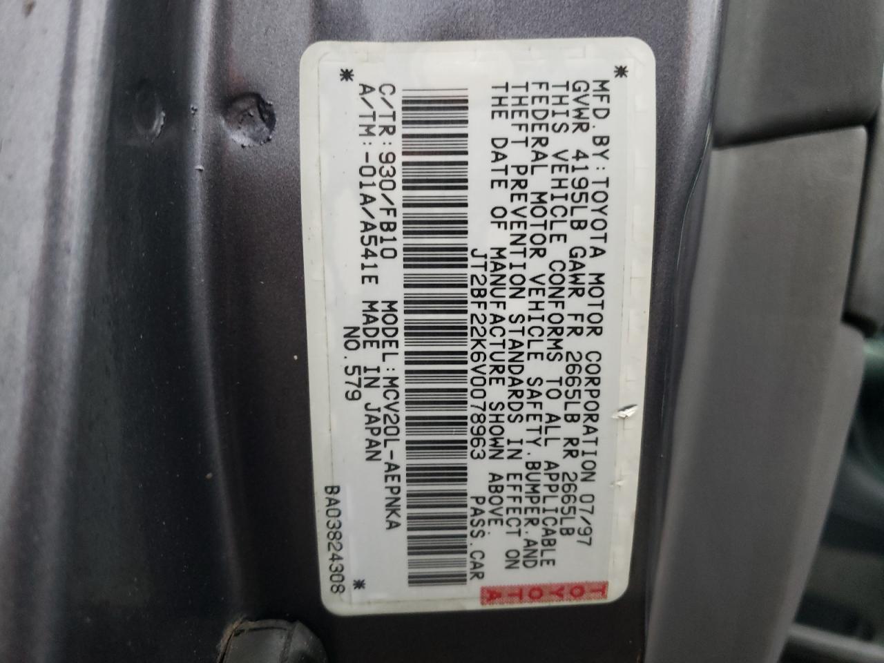 Photo 10 from auction – 1997 TOYOTA CAMRY LE with VIN JT2BF22K6V0078963