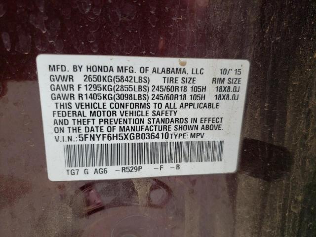 Photo 10 from auction – 2016 HONDA PILOT EXL with VIN 5FNYF6H5XGB036410