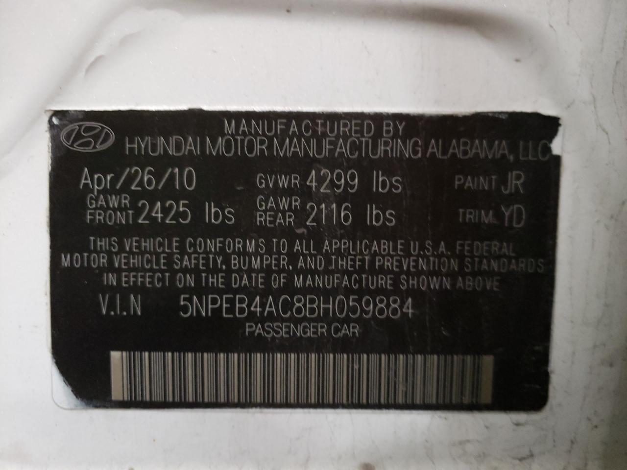 Photo 10 from auction – 2011 HYUNDAI SONATA GLS with VIN 5NPEB4AC8BH059884