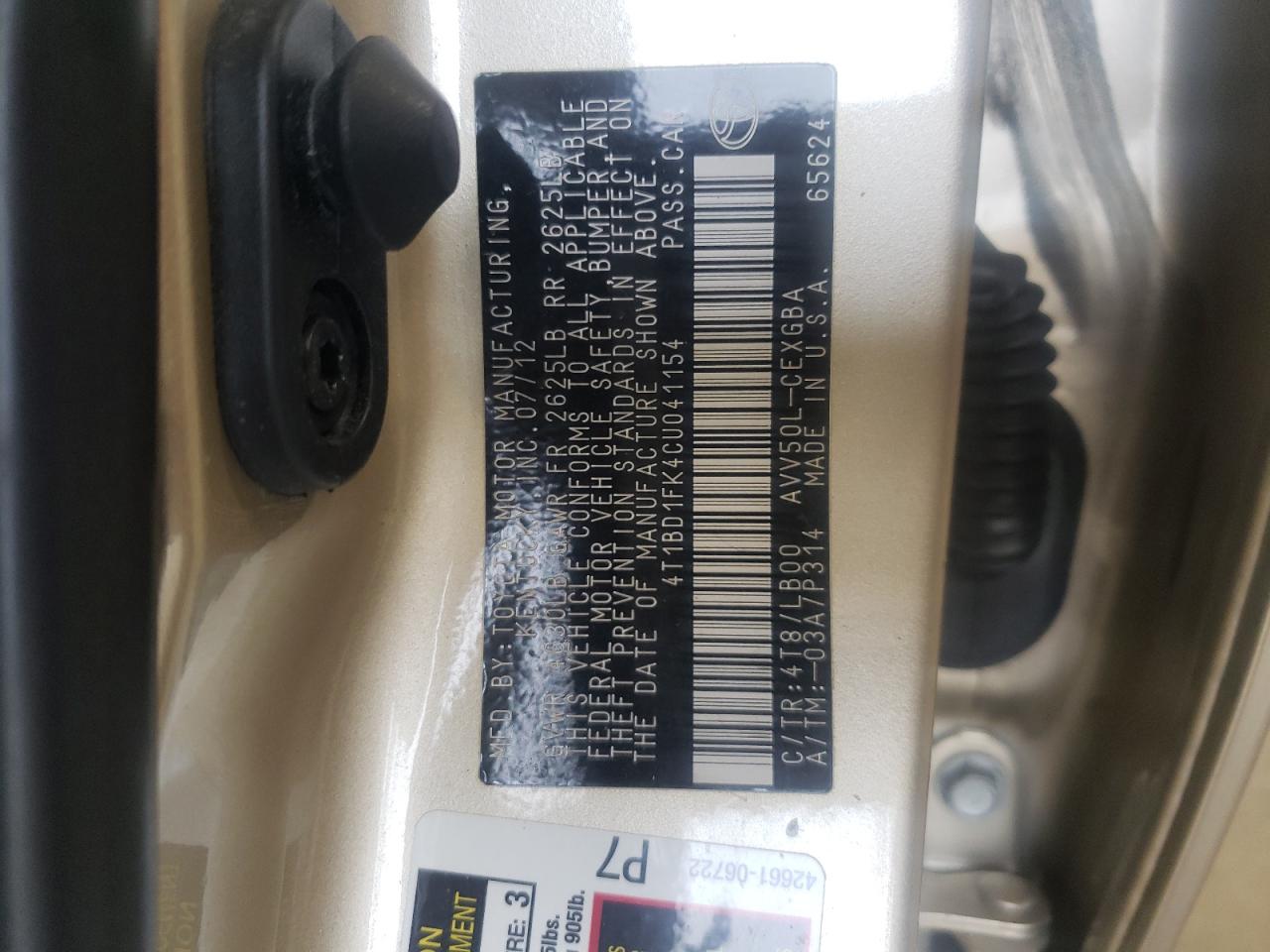 Photo 10 from auction – 2012 TOYOTA CAMRY HYBR with VIN 4T1BD1FK4CU041154