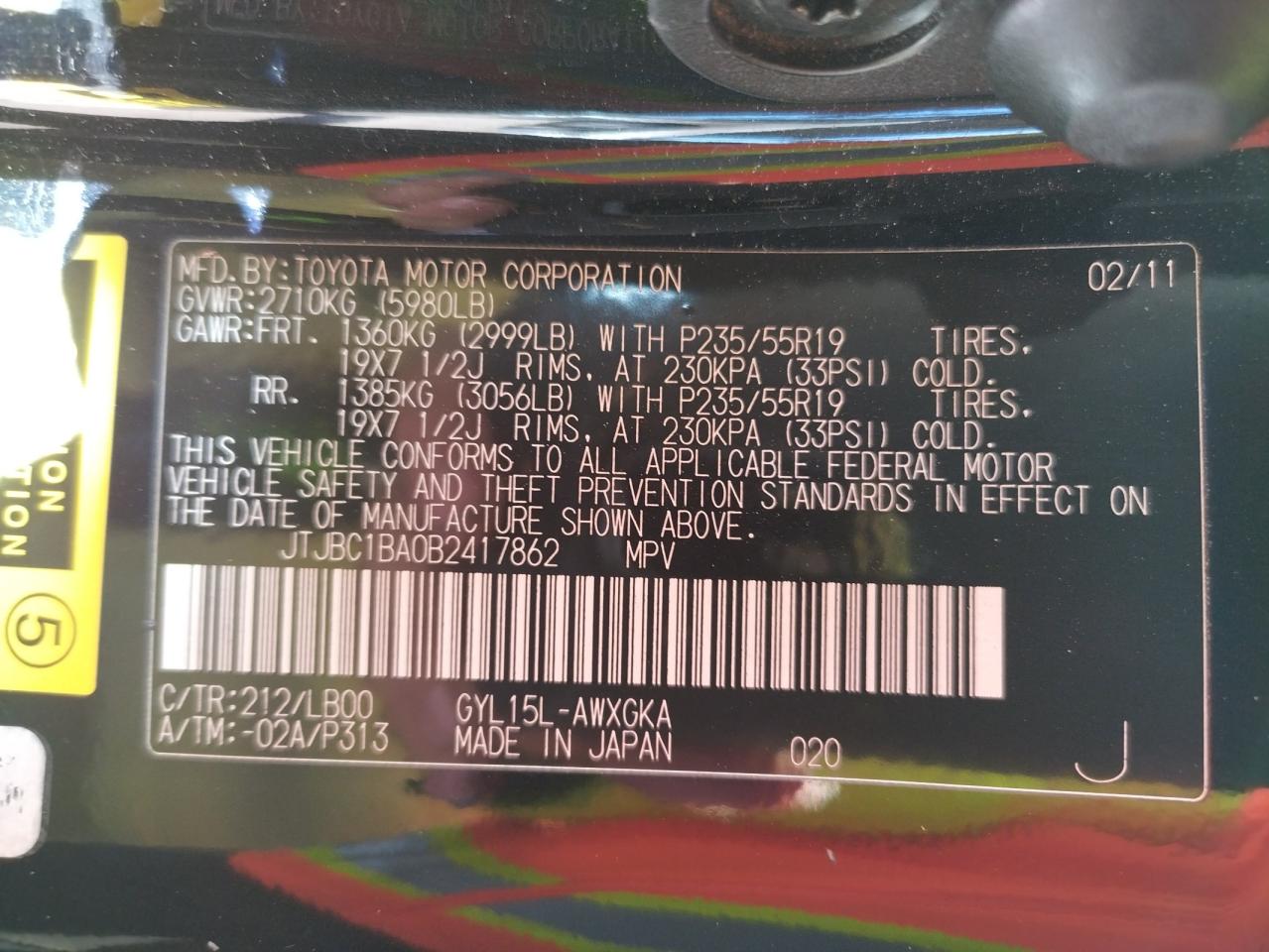 Photo 10 from auction – 2011 LEXUS RX 450 with VIN JTJBC1BA0B2417862