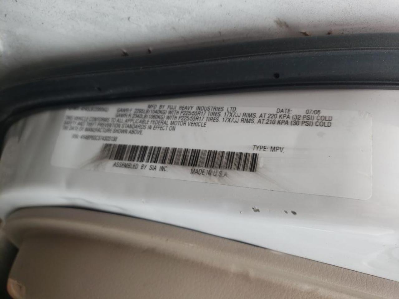 Photo 10 from auction – 2007 SUBARU LEGACY OUT with VIN 4S4BP63C374303138