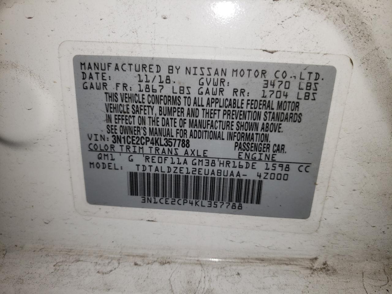 Photo 10 from auction – 2019 NISSAN VERSA NOTE with VIN 3N1CE2CP4KL357788