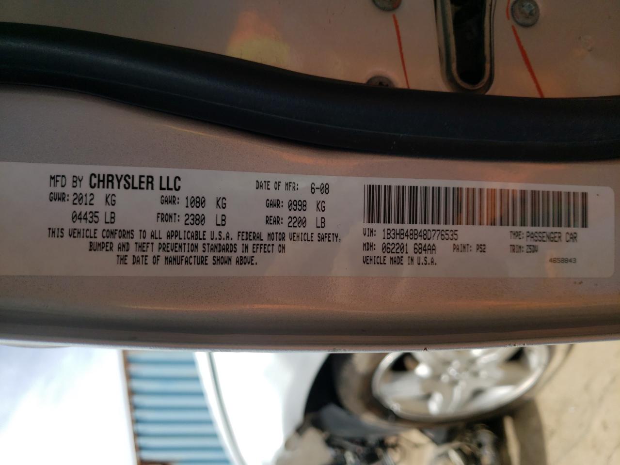 Photo 10 from auction – 2008 DODGE CALIBER SX with VIN 1B3HB48B48D776535