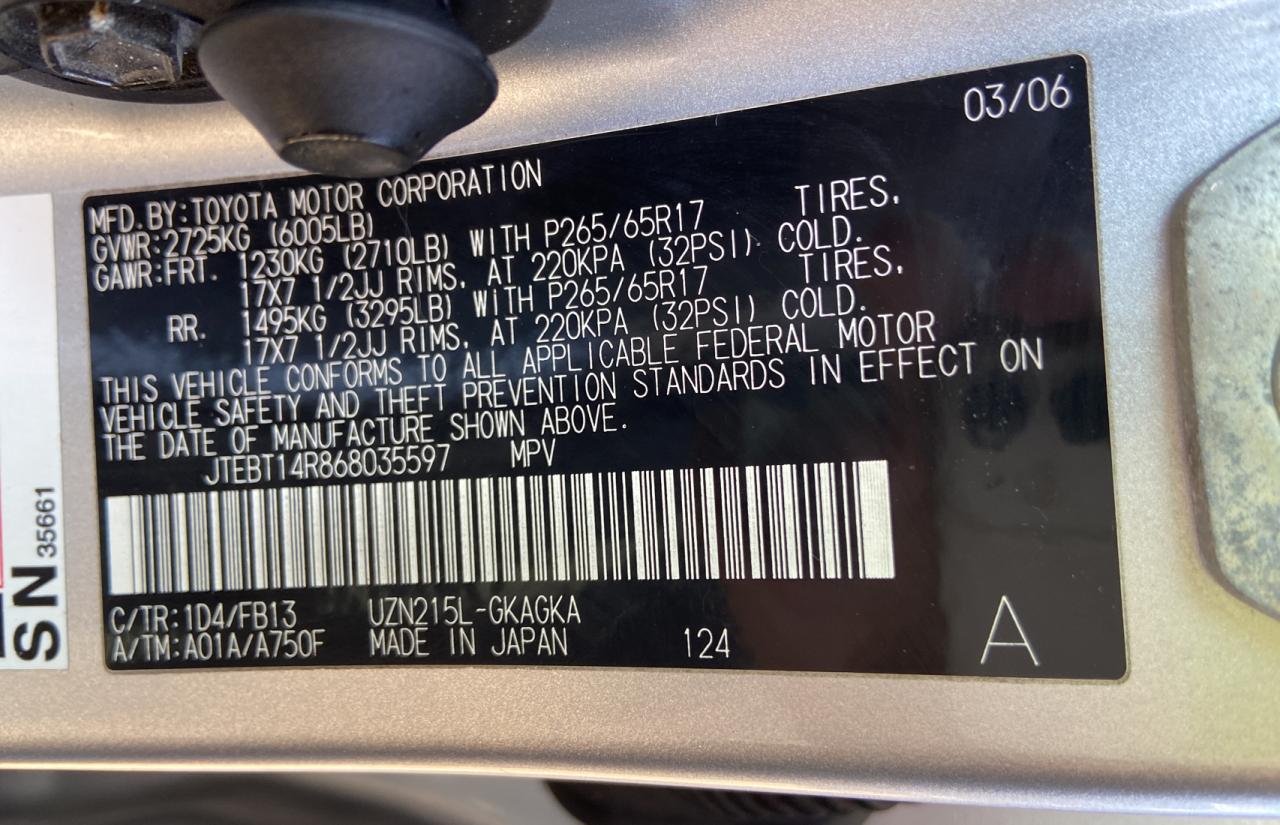 Photo 10 from auction – 2006 TOYOTA 4RUNNER SR with VIN JTEBT14R868035597