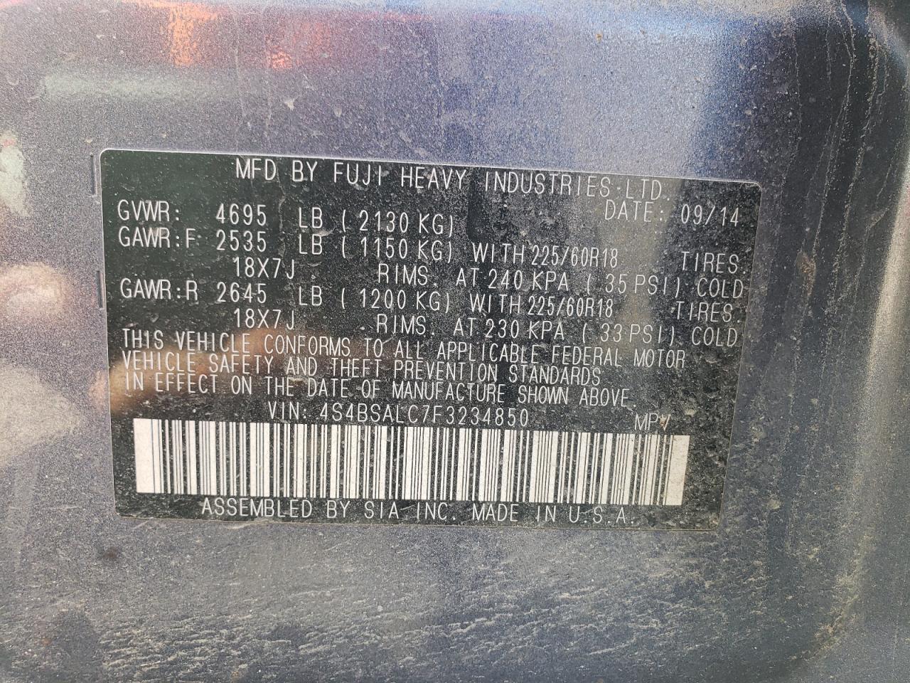 Photo 10 from auction – 2015 SUBARU OUTBACK 2. with VIN 4S4BSALC7F3234850