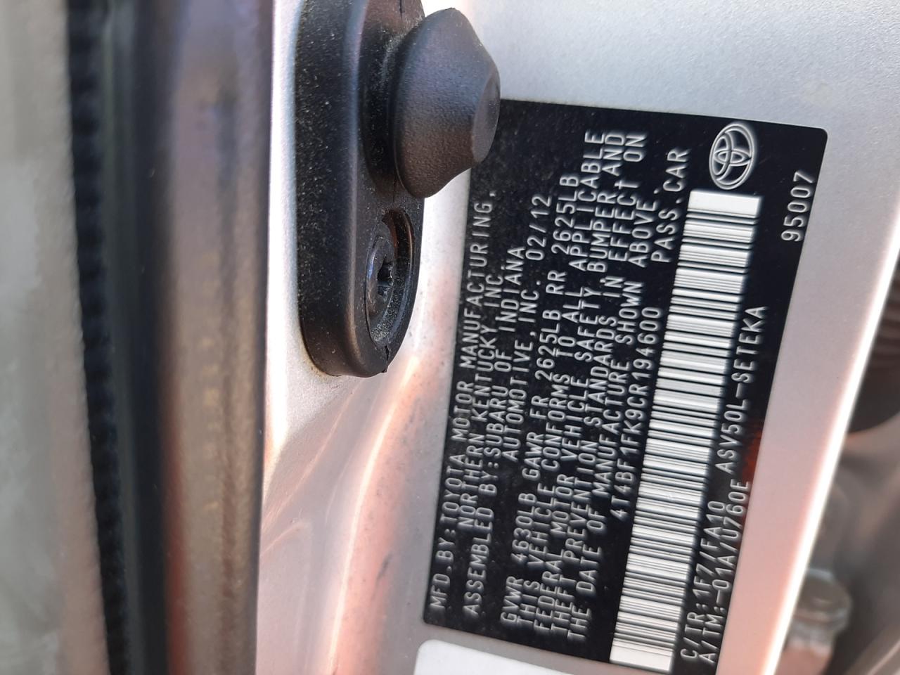 Photo 10 from auction – 2012 TOYOTA CAMRY BASE with VIN 4T4BF1FK9CR194600