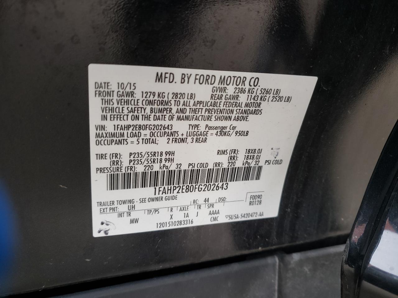 Photo 10 from auction – 2015 FORD TAURUS SEL with VIN 1FAHP2E80FG202643