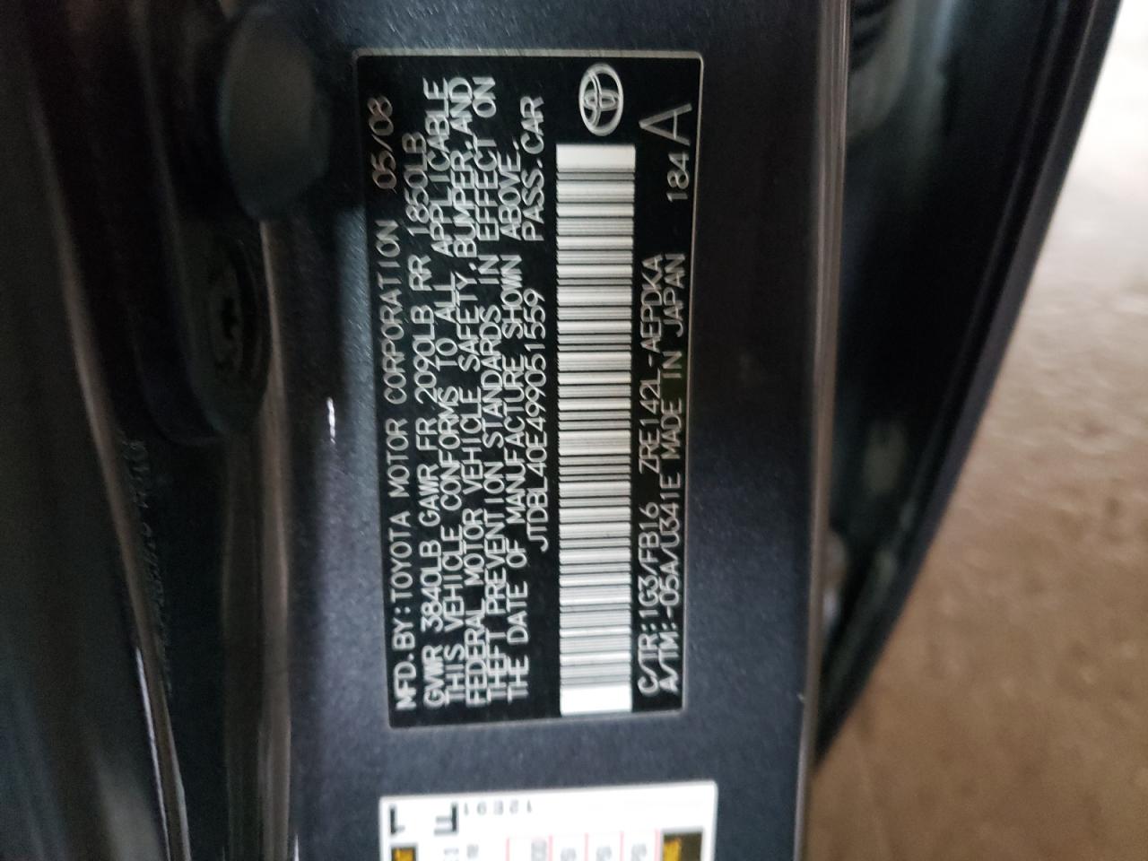 Photo 10 from auction – 2009 TOYOTA COROLLA with VIN JTDBL40E499051559