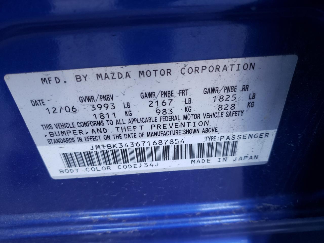 Photo 10 from auction – 2007 MAZDA 3 HATCHBAC with VIN JM1BK343671687854