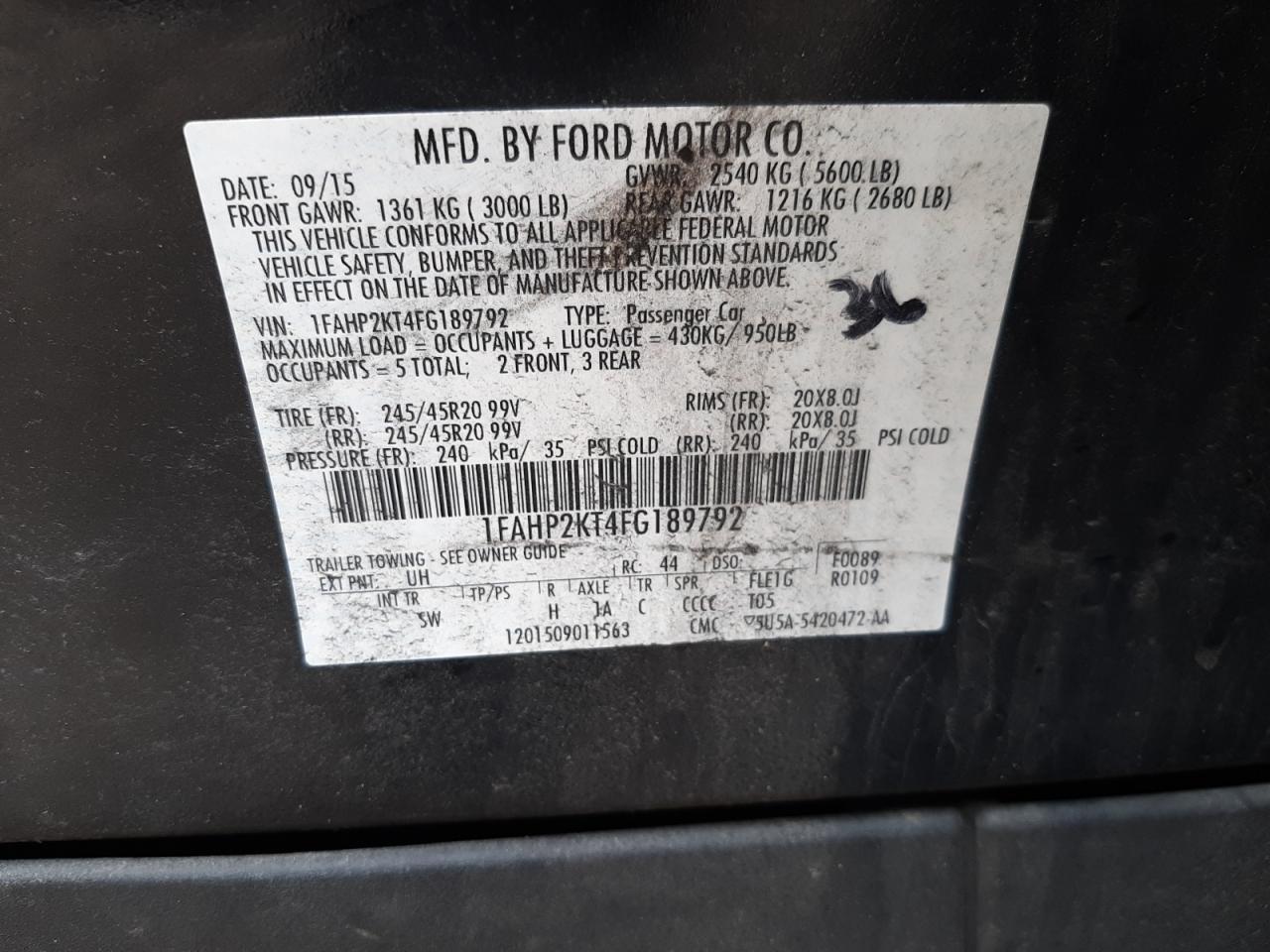 Photo 10 from auction – 2015 FORD TAURUS SHO with VIN 1FAHP2KT4FG189792