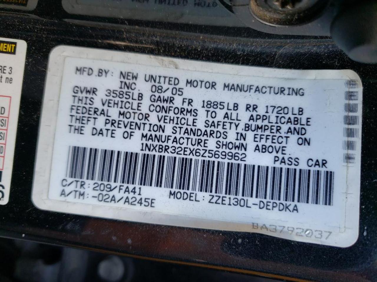 Photo 10 from auction – 2006 TOYOTA COROLLA CE with VIN 1NXBR32EX6Z569962