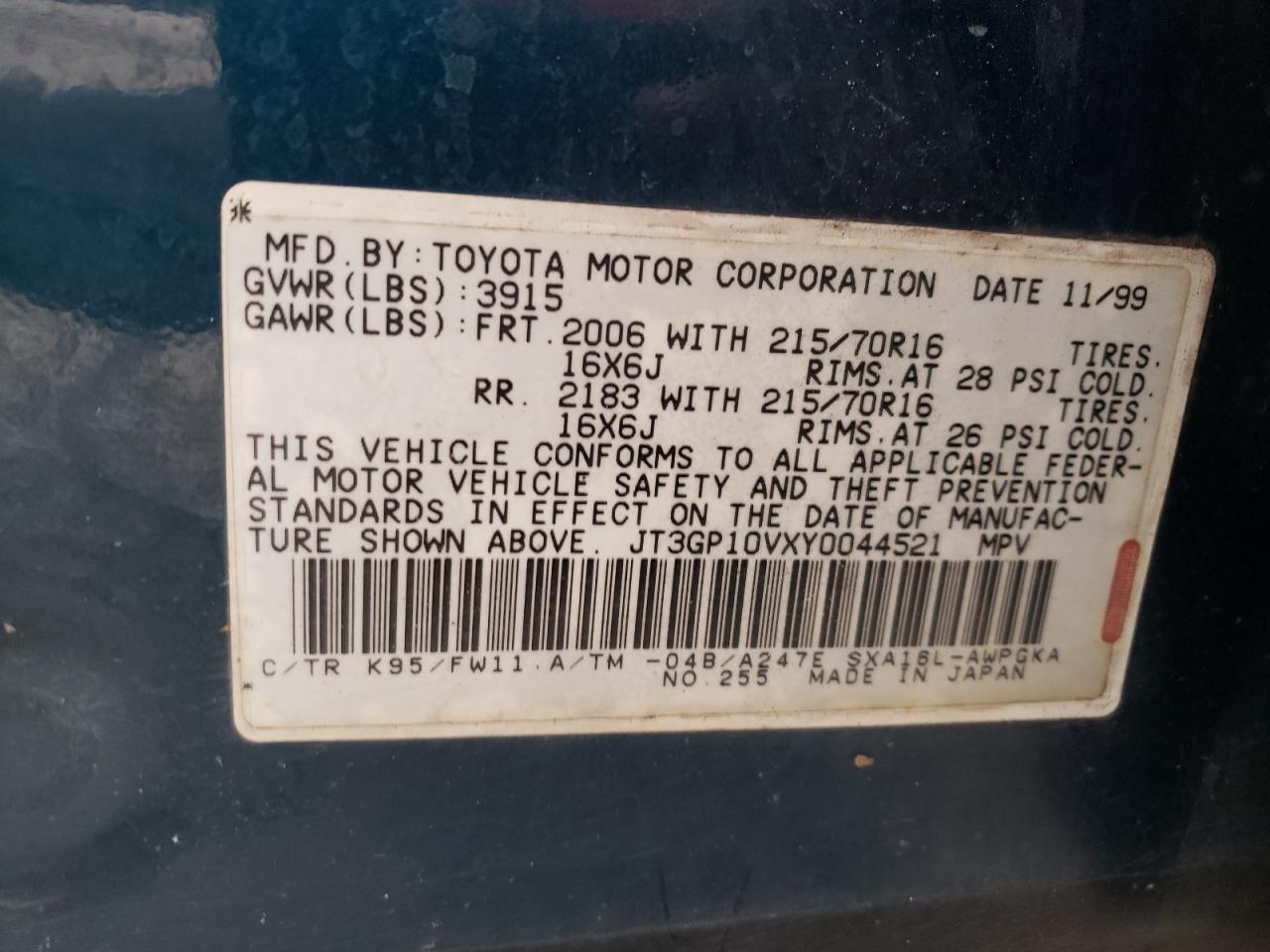 Photo 10 from auction – 2000 TOYOTA RAV4 with VIN JT3GP10VXY0044521