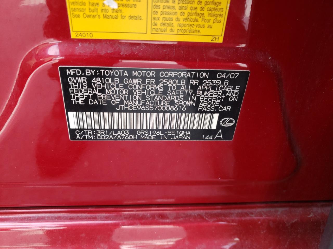 Photo 10 from auction – 2007 LEXUS GS 350 with VIN JTHCE96S570008616