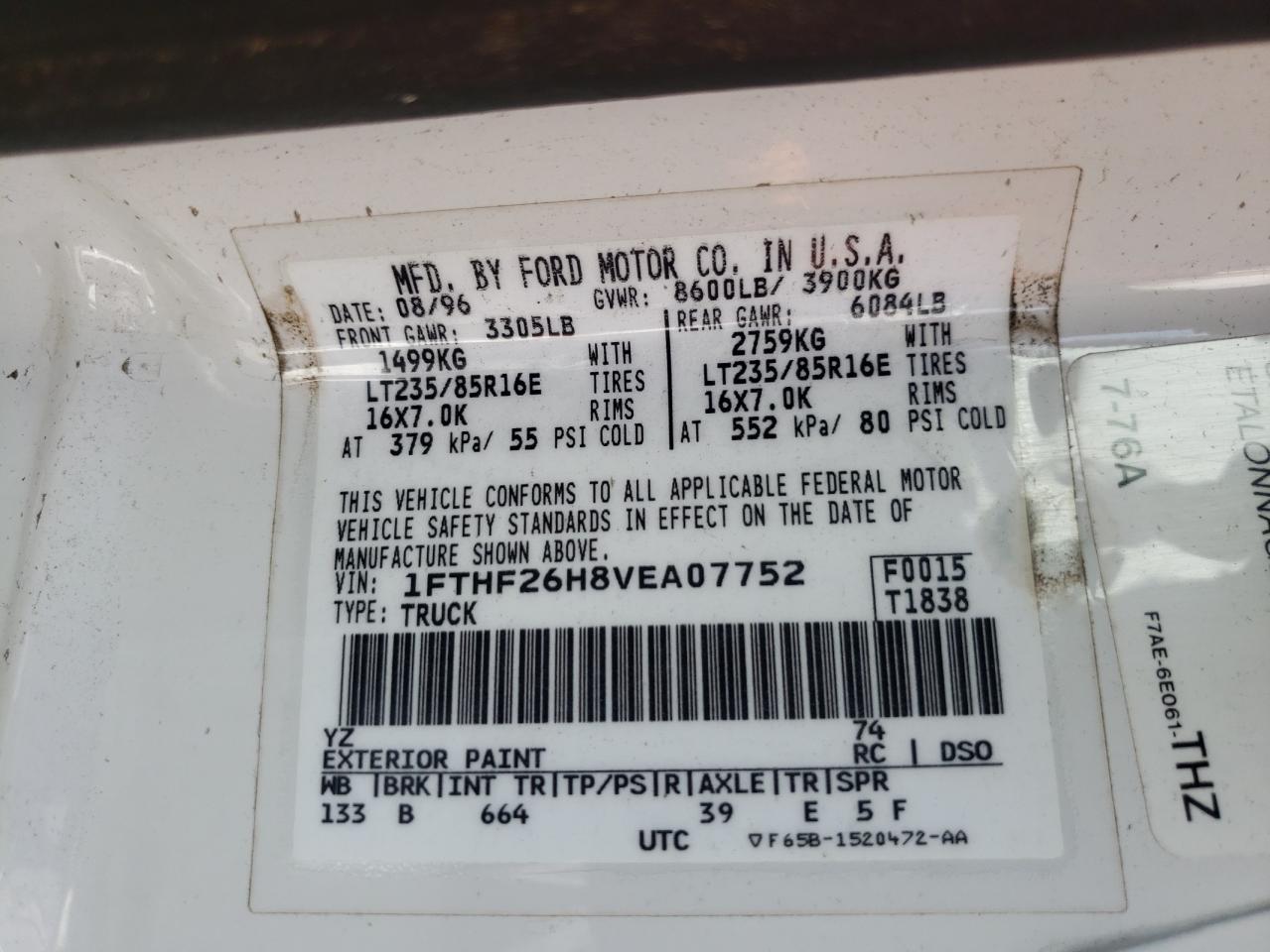 Photo 10 from auction – 1997 FORD F250 with VIN 1FTHF26H8VEA07752