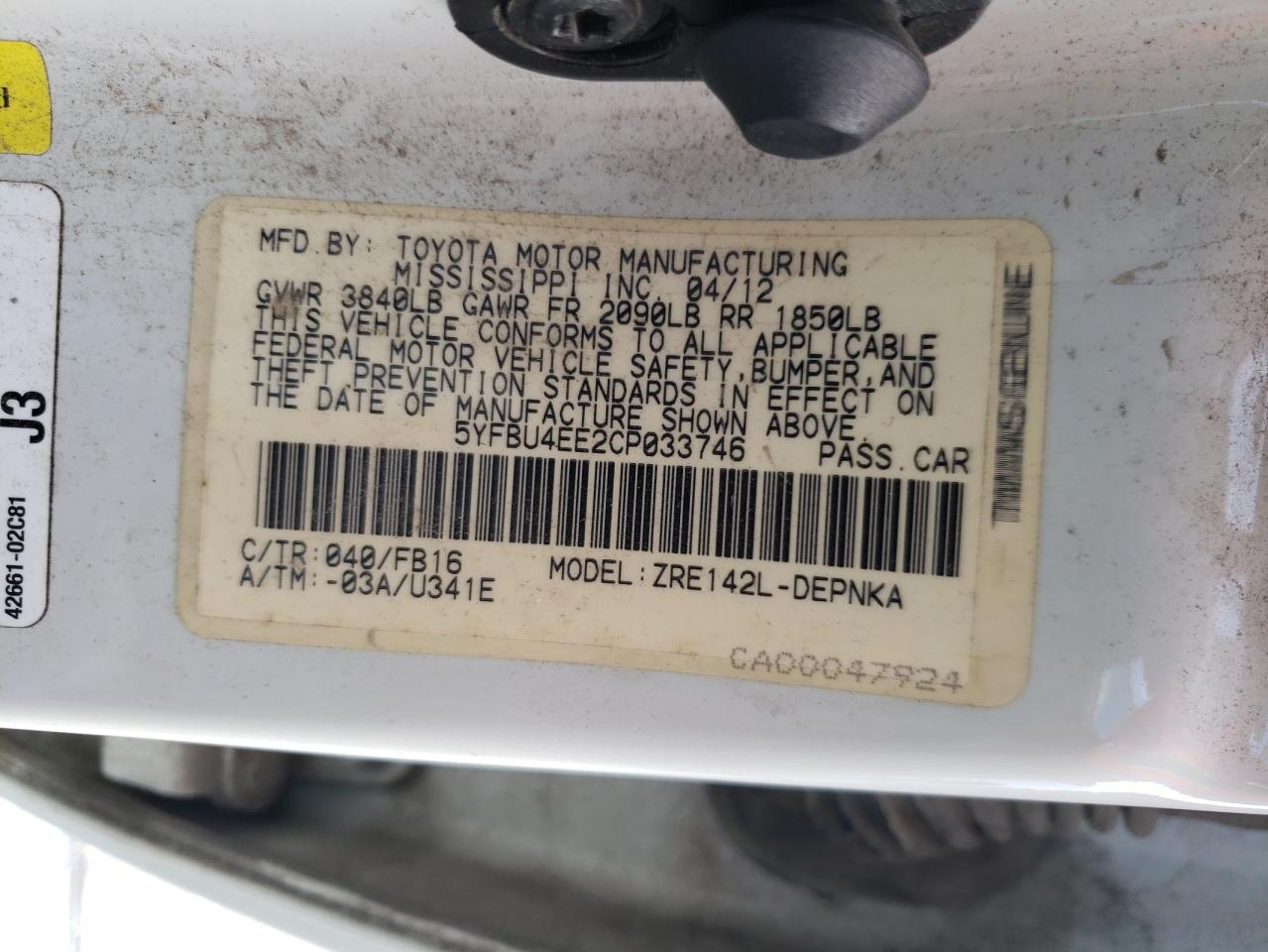 Photo 10 from auction – 2012 TOYOTA COROLLA L with VIN 5YFBU4EE2CP033746