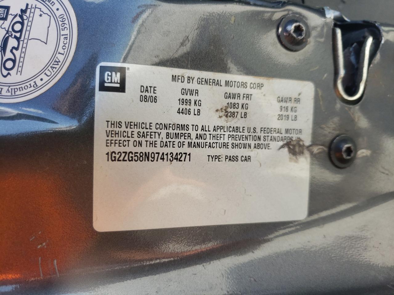 Photo 10 from auction – 2007 PONTIAC G6 BASE with VIN 1G2ZG58N974134271