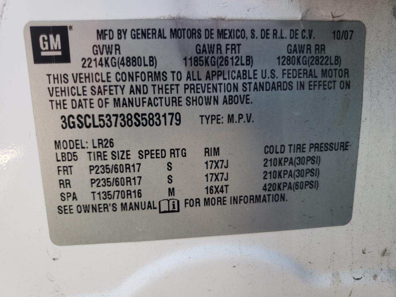 Photo 10 from auction – 2008 SATURN VUE with VIN 3GSCL53738S583179