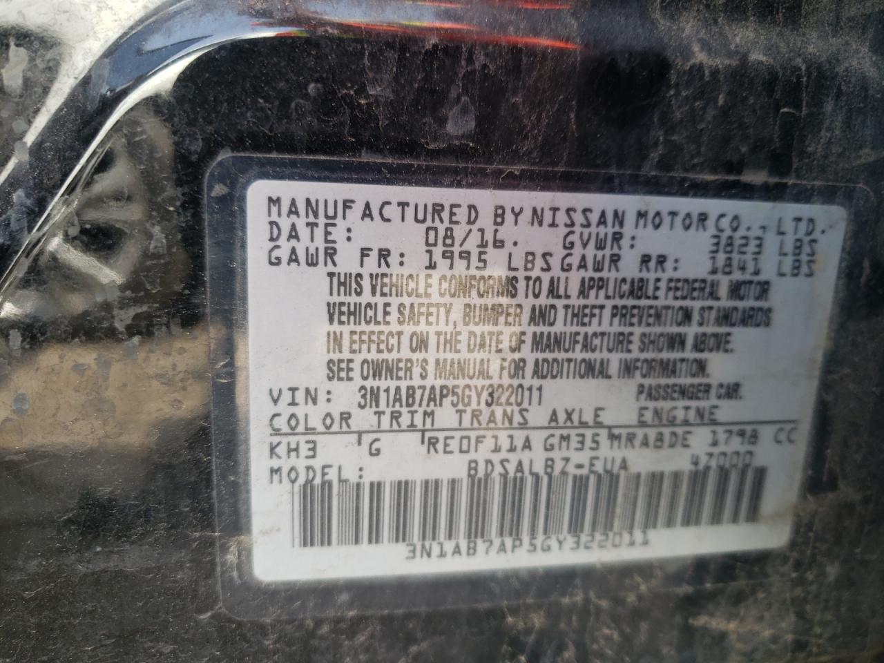 Photo 10 from auction – 2016 NISSAN SENTRA S with VIN 3N1AB7AP5GY322011