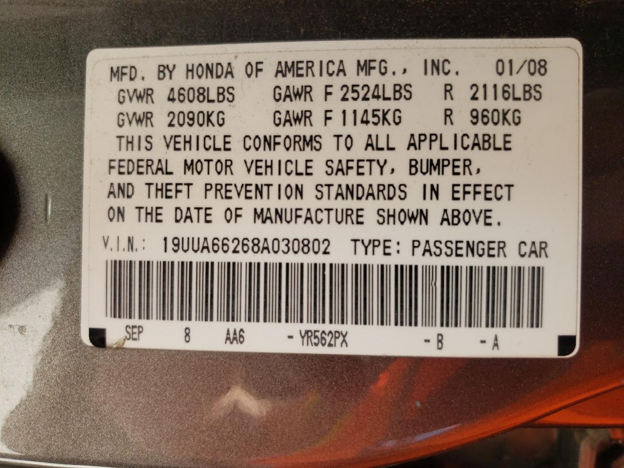 Photo 10 from auction – 2008 ACURA TL with VIN 19UUA66268A030802