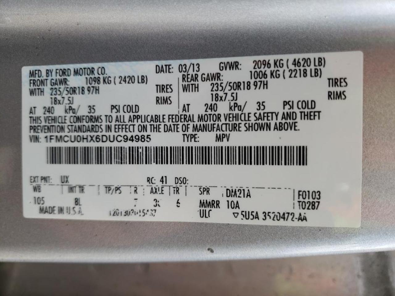 Photo 10 from auction – 2013 FORD ESCAPE SEL with VIN 1FMCU0HX6DUC94985