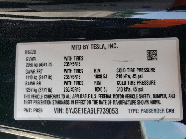 Photo 10 from auction – 2020 TESLA MODEL 3 with VIN 5YJ3E1EA5LF739053