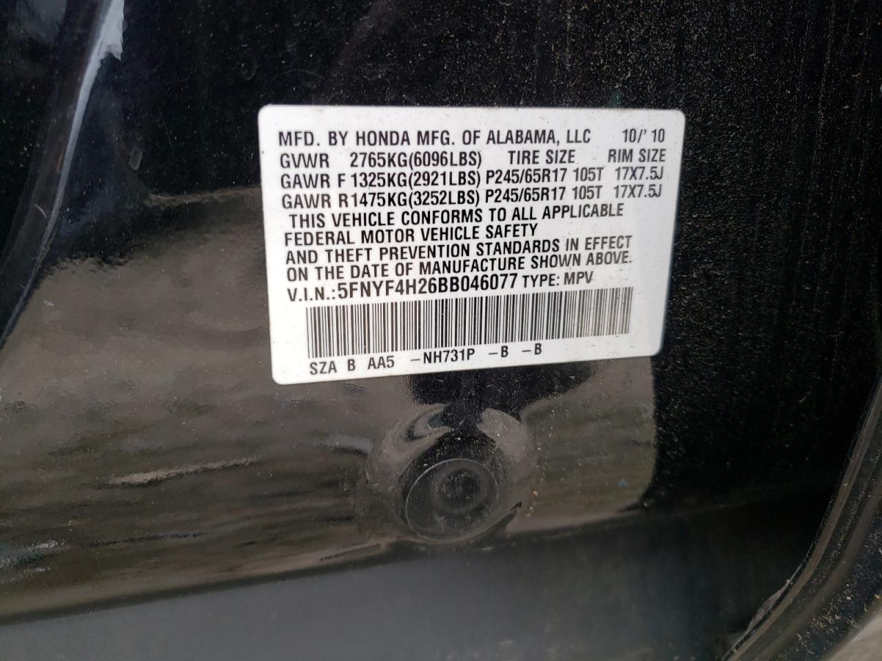 Photo 10 from auction – 2011 HONDA PILOT LX with VIN 5FNYF4H26BB046077