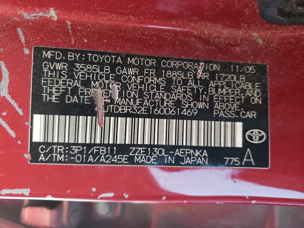 Photo 10 from auction – 2006 TOYOTA COROLLA CE with VIN JTDBR32E160061469