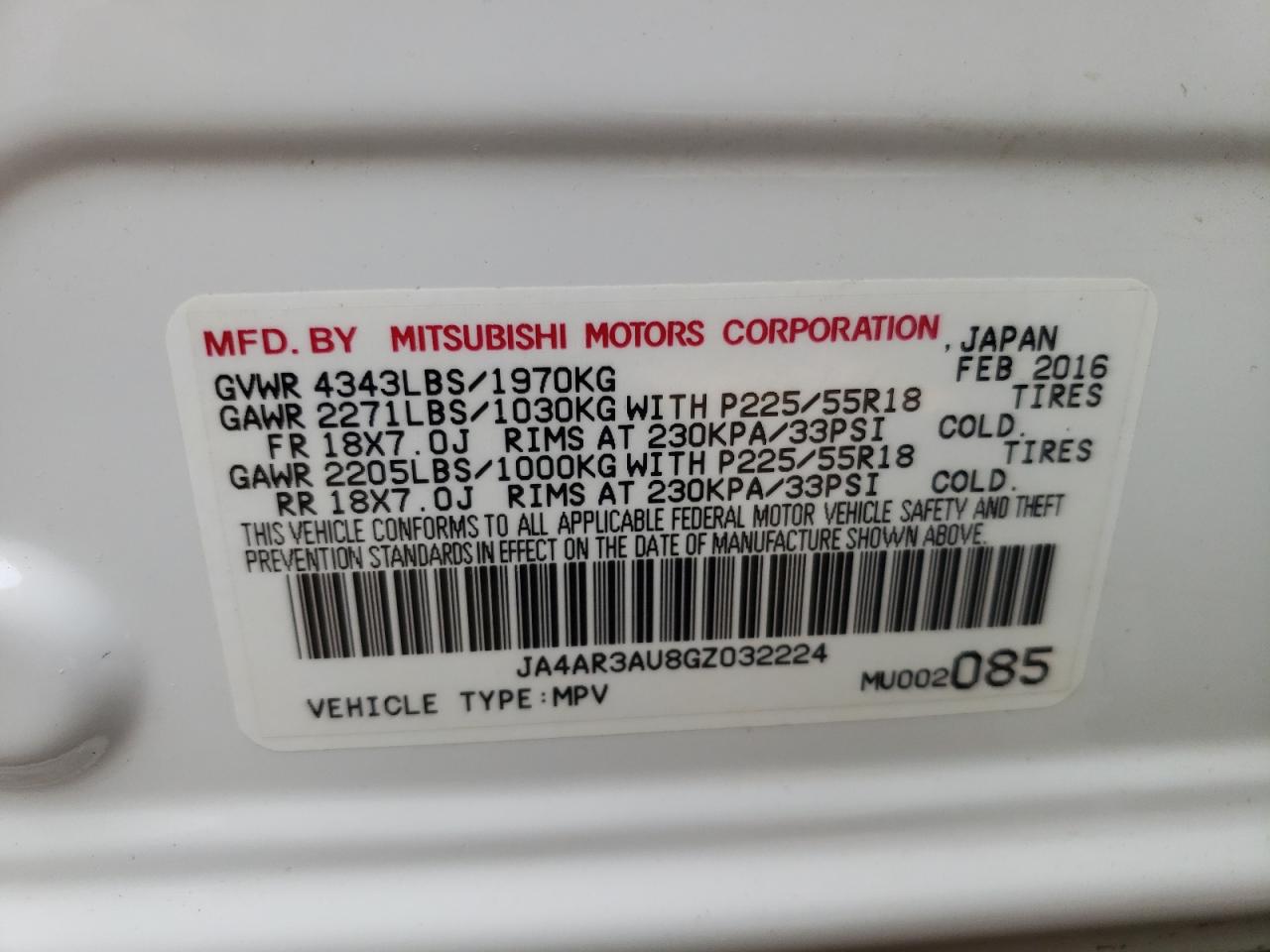 Photo 10 from auction – 2016 MITSUBISHI OUTLANDER with VIN JA4AR3AU8GZ032224