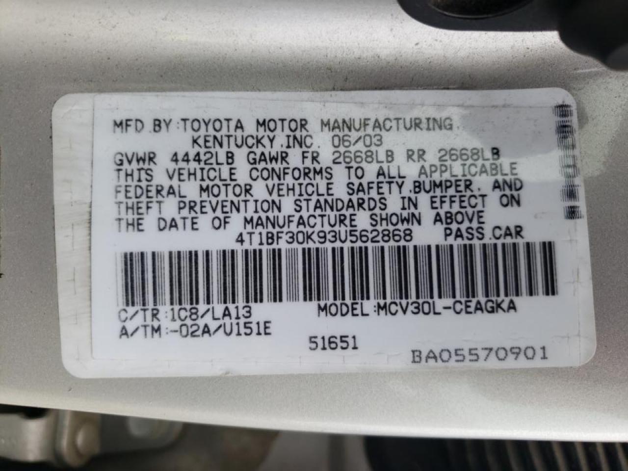 Photo 10 from auction – 2003 TOYOTA CAMRY LE with VIN 4T1BF30K93U562868