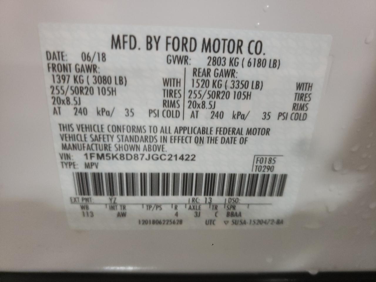 Photo 10 from auction – 2018 FORD EXPLORER X with VIN 1FM5K8D87JGC21422