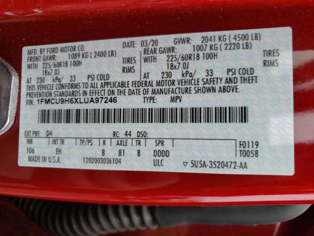Photo 10 from auction – 2020 FORD ESCAPE SEL with VIN 1FMCU9H6XLUA97246