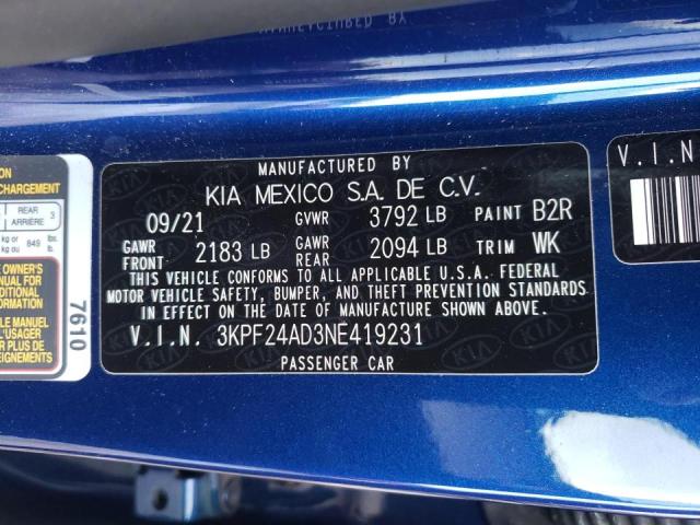 Photo 10 from auction – 2022 KIA FORTE FE with VIN 3KPF24AD3NE419231