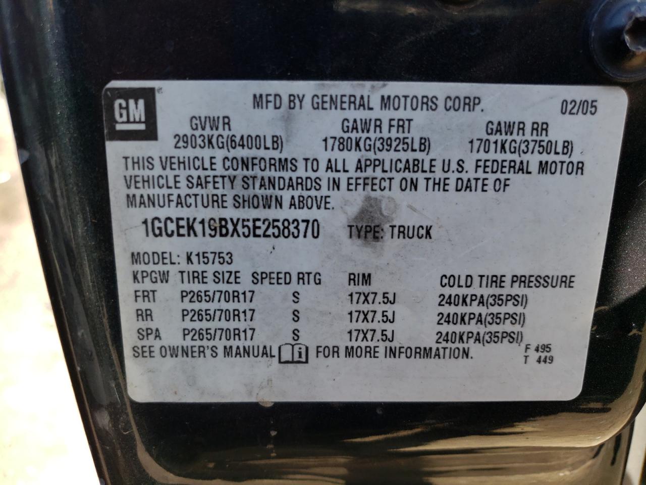 Photo 10 from auction – 2005 CHEVROLET SILVERADO with VIN 1GCEK19BX5E258370