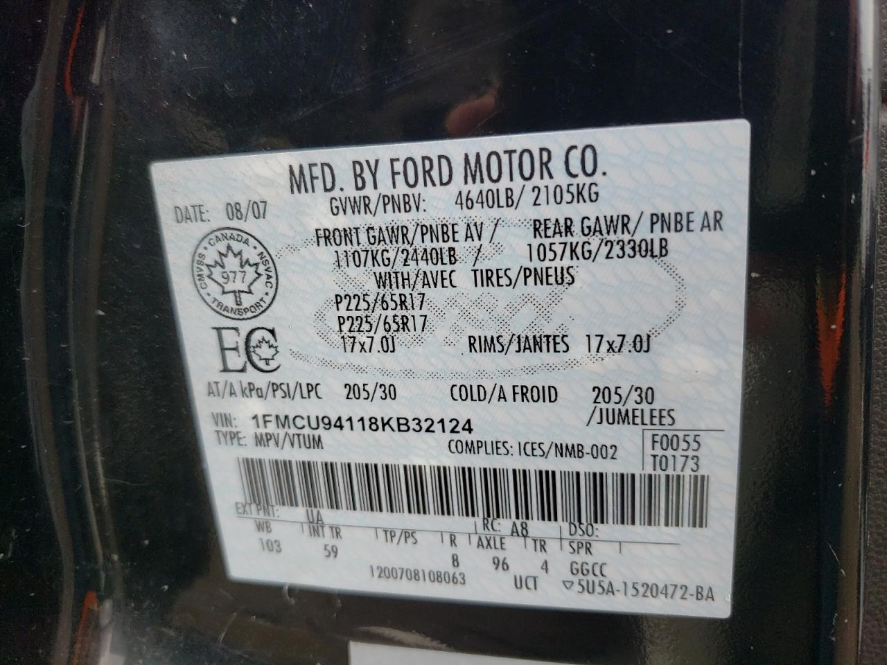 Photo 10 from auction – 2008 FORD ESCAPE LIM with VIN 1FMCU94118KB32124